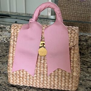 MME Mink Straw Purse with pink ribbon and gold hardware